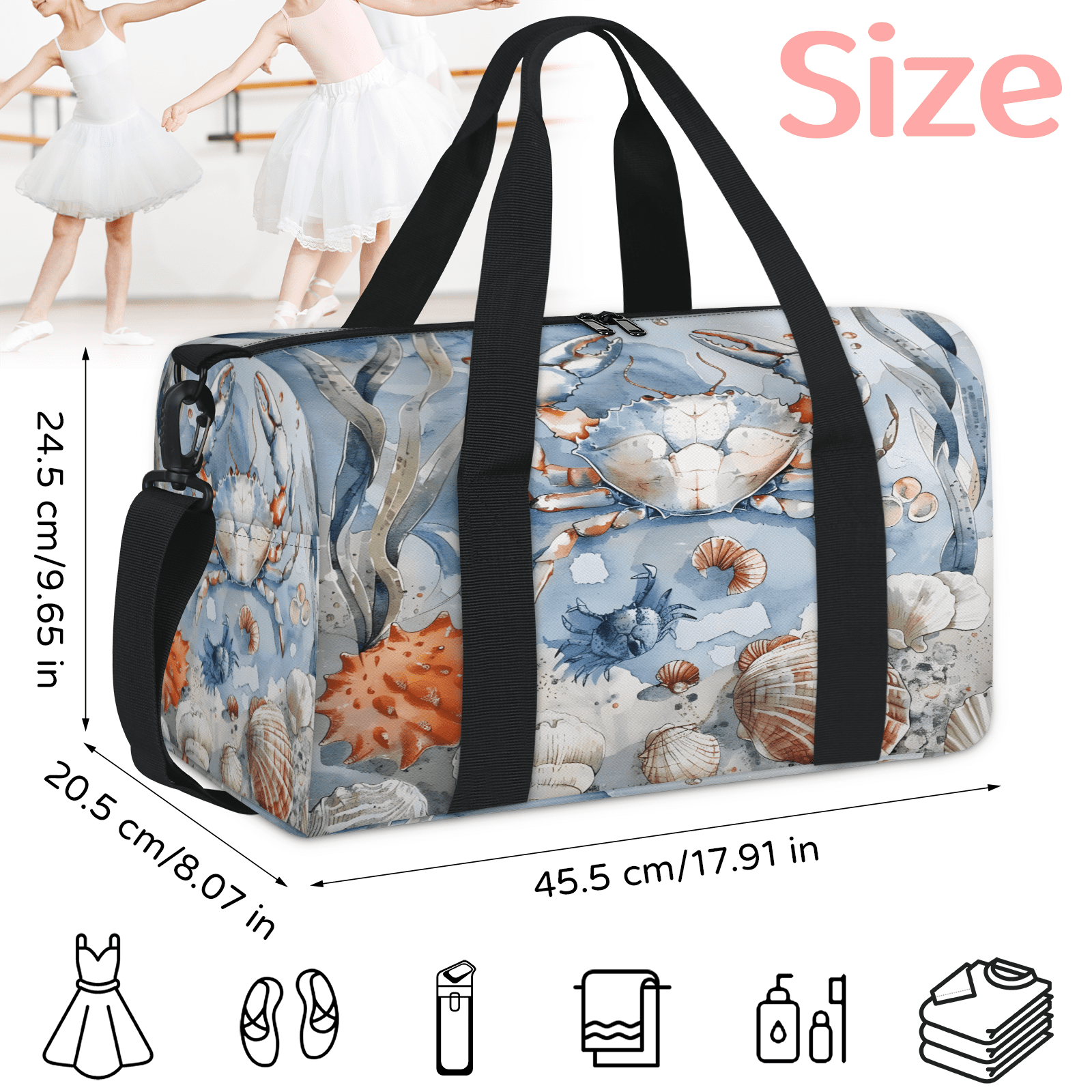 Herdesigns Nautical Coastal Crab Starfish Seashell Gym Bag for Women, Duffle Bag for Travel Sport, Lightweight Waterproof Carry on Weekender Overnight Dance Yoga Workout Bags