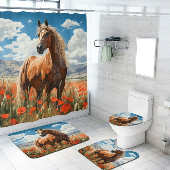 Horse 4 Pcs Shower Curtain Set Western Animal Forest Red Flowers Nature Scenery Bath Curtain for Bathroom Waterproof Fabric Bathroom Decor Set, 72x72 Inch
