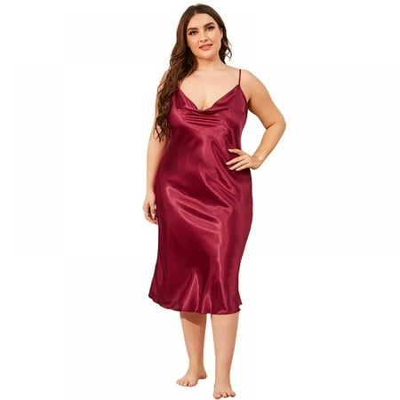 

Ladies Sexy Loose Silk Suspender Nightdress Solid Color Plus Size Sleepdress Nightwear XL-3XL