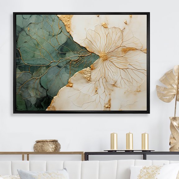 Designart "Gold Pottery In Green Minimalism I" Abstract Spirals Floater Framed Wall Art Living Room