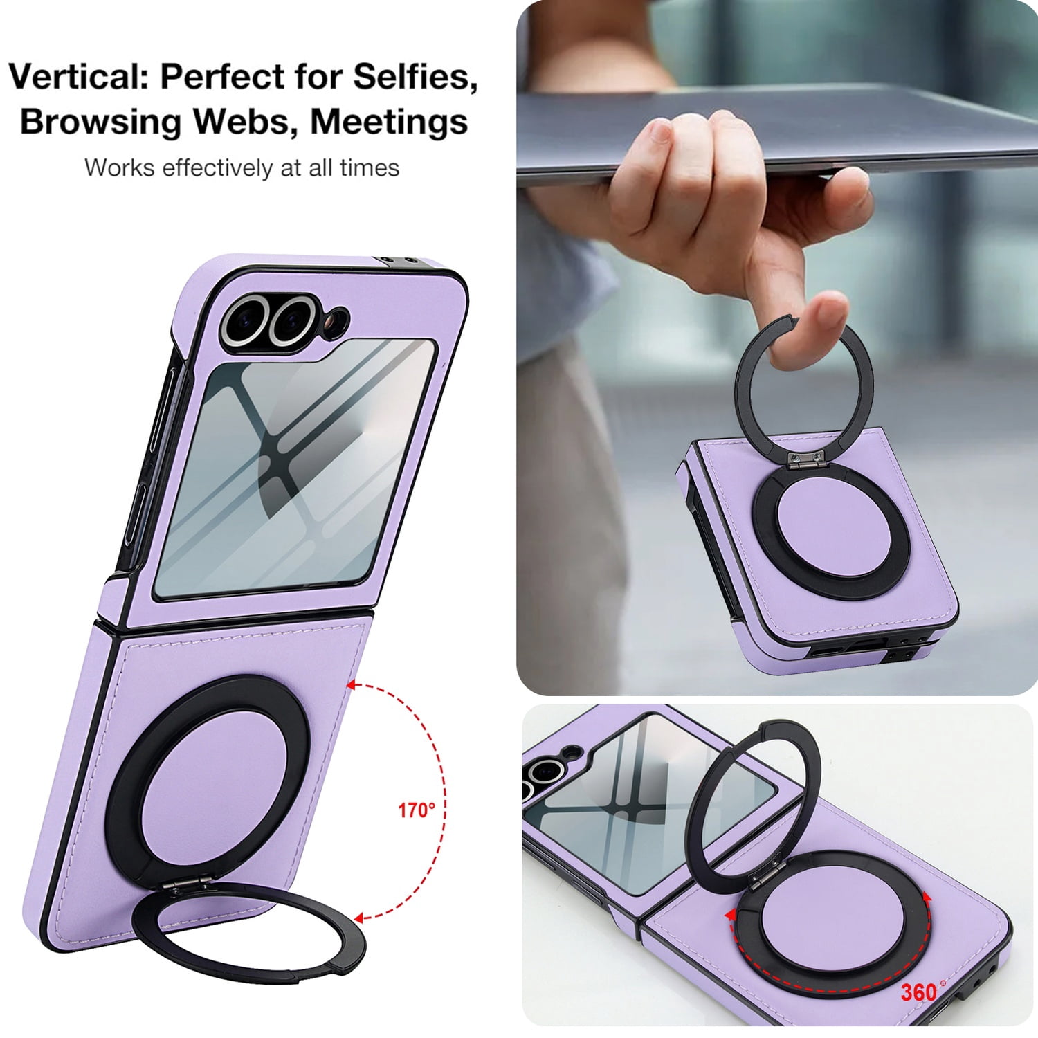 Compatible with Samsung Galaxy Z Flip 7 Phone Case,Built-in Screen Protector,360° Rotatable Ring Kickstand,Compatible with Mag-Safe,Anti-Scratch Leather Shockproof Rugged Phone Case,Lightpurple