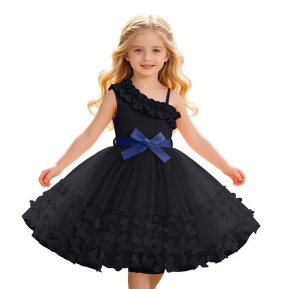 WOYY Girls Ruffles One Shoulder Tulle Dress 3D Butterfly Spaghetti Strap Dress, Blue, Sizes 3-10