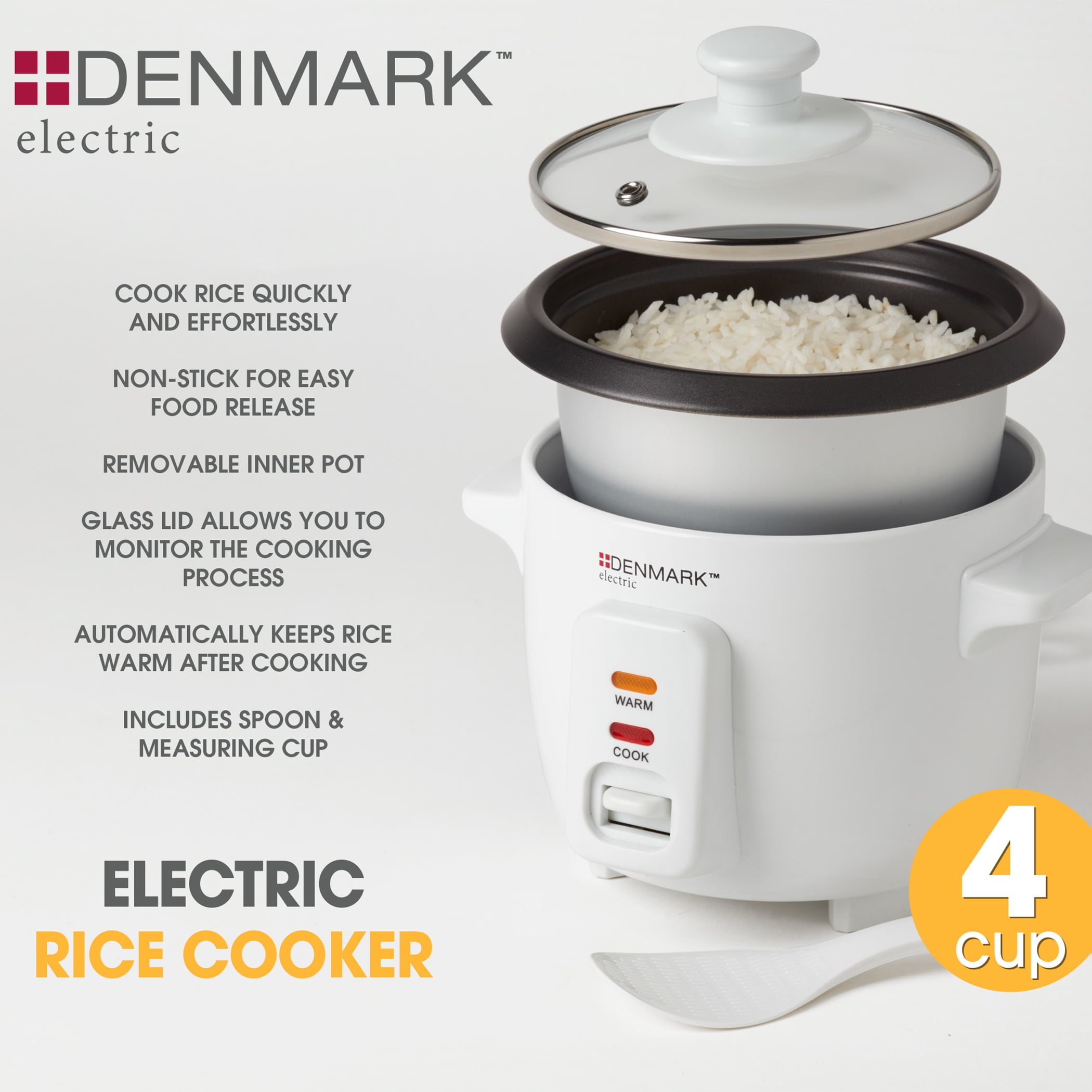 Denmark Electric 4 Cup Rice Cooker with Glass Lid, Rice Paddle, Measuring Cup, and Nonstick Removable Inner Pot, White