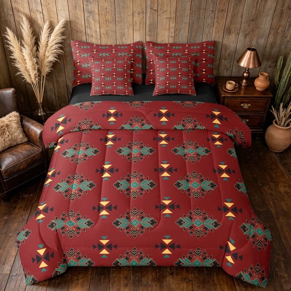 Manfei Southwestern Aztec Twin Bedding, Geometric Triangle Bedding Comforter Set, Red Teal Black, Black Reversible 7pcs