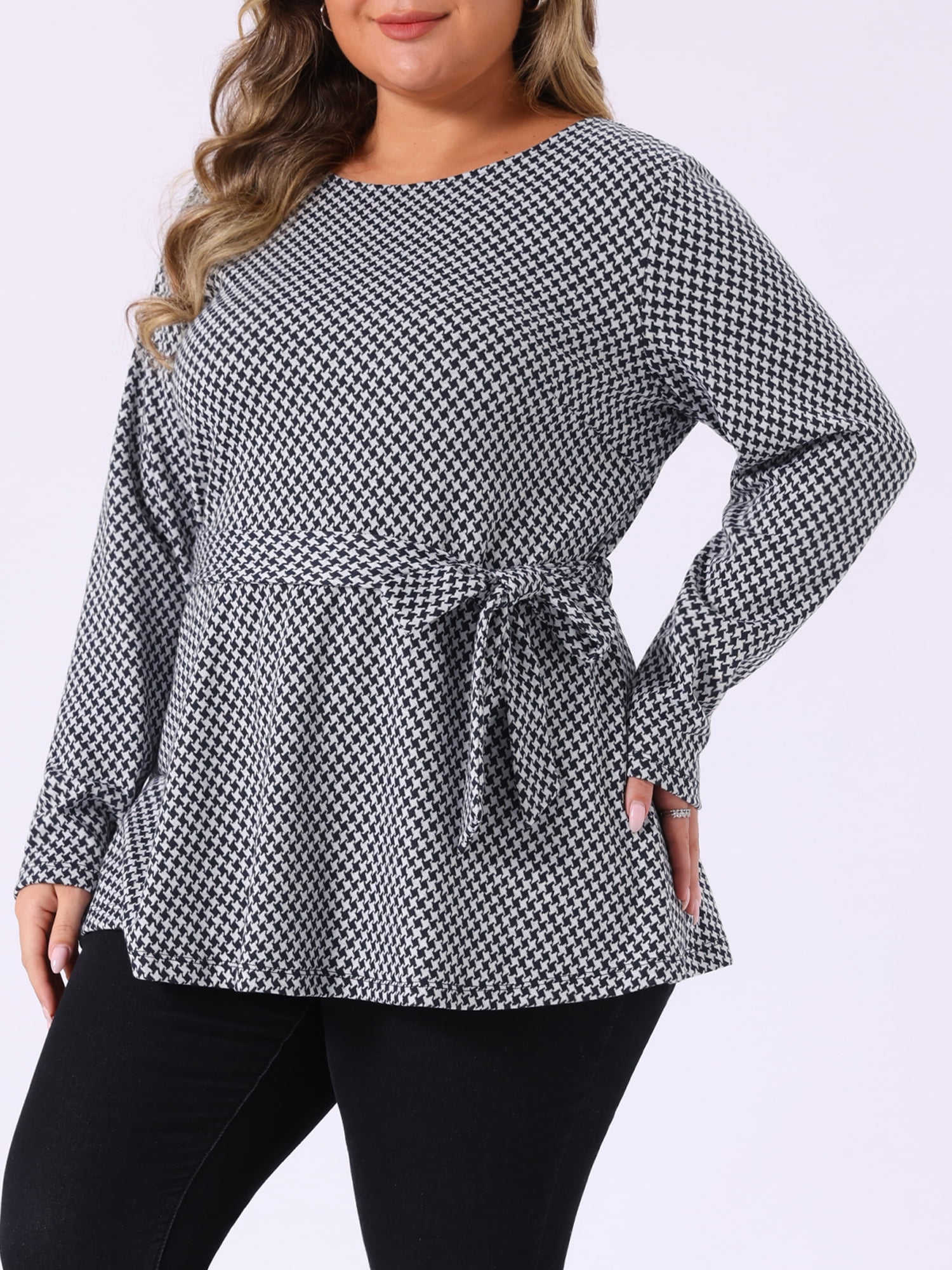 DARING DIVA Women's Plus Size Belted Tie Houndstooth Blouse Tunic 3X Dark Blue