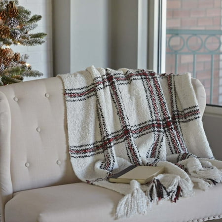 - Ivory White Farmhouse Christmas Decor Amory Acrylic Knotted Tassels Textured Plaid Throw
