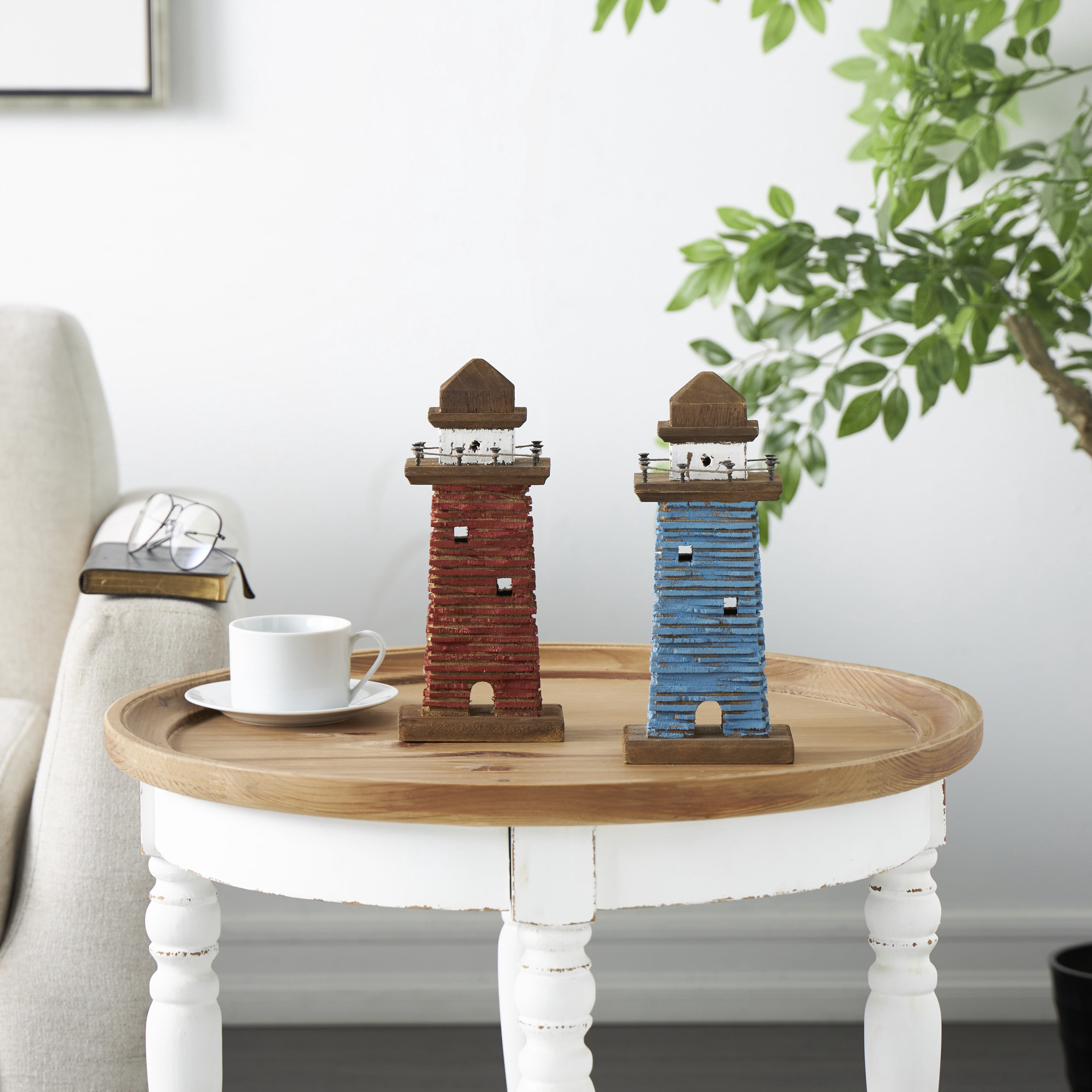 5"W, 10"H Red Wood Distressed Light House Sculpture with Blue and Brown Accents, by DecMode (2 Count)