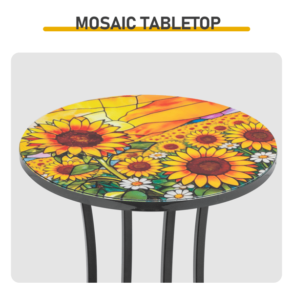 14 inch Side Table, Round Iron Top End Table, Indoor Outdoor Accent Table, Sunflower Mosaic
