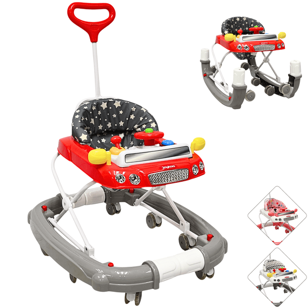 Andadera para Bebé Mecedora Luz y Sonido Diseño de Carrito Bastón Dirigible Alturas Ajustables Plegable Ruedas de Goma - Rojo