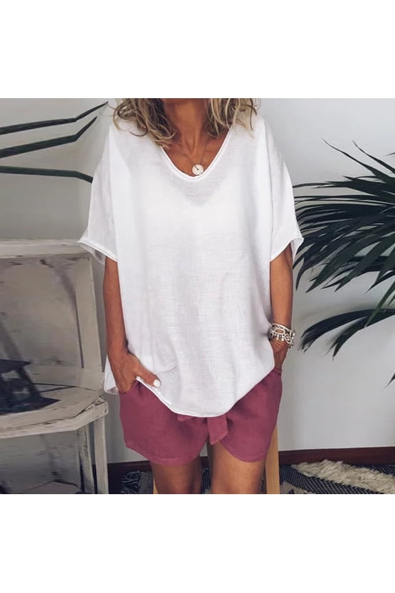 Women's Blouse Women tops Women Casual Summer Solid O-Neck Short Sleeves Plus Size Top T-Shirt Blouse White