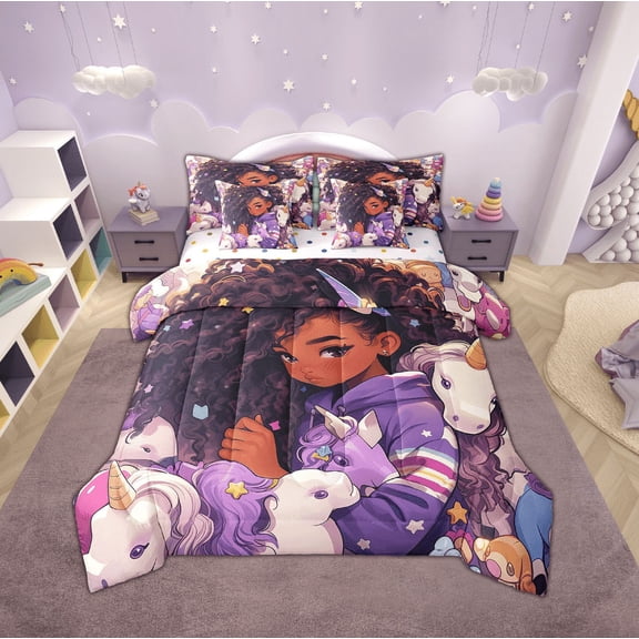 Black Girls Comforter Set 7 Piece Bed in a Bag Twin,Unicorn Bedding Sets American African Afro Hair Girl Melanin Princess Sheet Set with Comforter