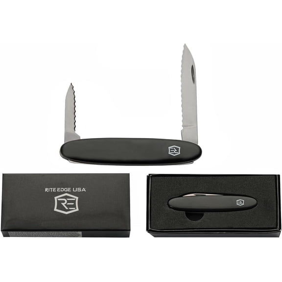 Rite Edge 3.25" 2-Blade Folding Pocket Knife – 440 Stainless Steel, Serrated Blade, Black Handle, Brass Pins – Compact Utility Knife