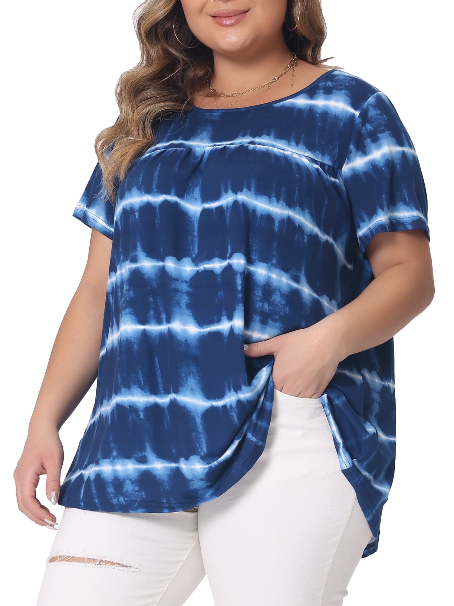 DARING DIVA Women's Plus Pleated Front Casual Blouse 3X Blue