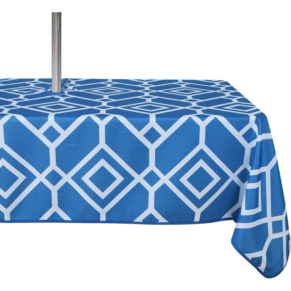 Moroccan Outdoor Tablecloth with Umbrella Hole and Zipper, 60 x 84 Inch Blue, Rectangle Waterproof Wrinkle Free Table Cloth Decorative Fabric Washable Table Cover for Patio, Party, Picnic