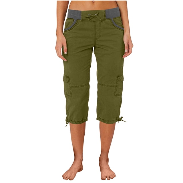 Pantalones capri cargo de verano Umfun para mujer, pantalones casuales elásticos de cintura alta, pantalones holgados de playa, pantalones cortos con cordón para vacaciones