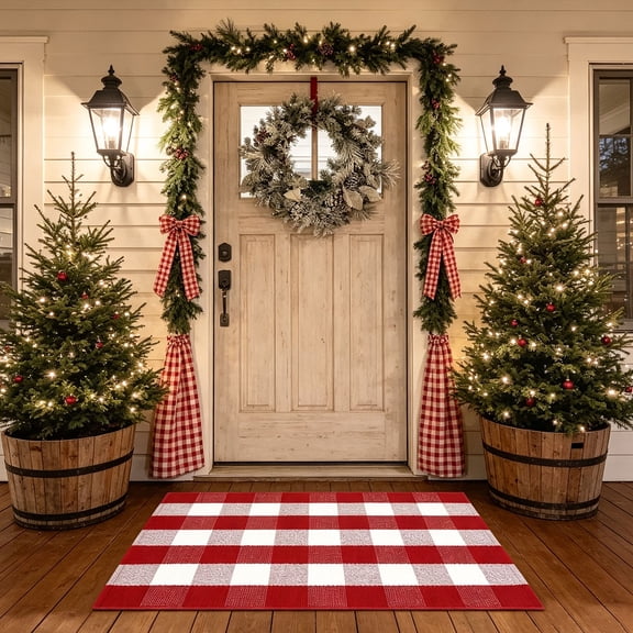 Christmas Red and White Plaid Rug , Cotton Hand-Woven Door Mat for Front Porch, Outdoor Holiday Decor 28x43Inch