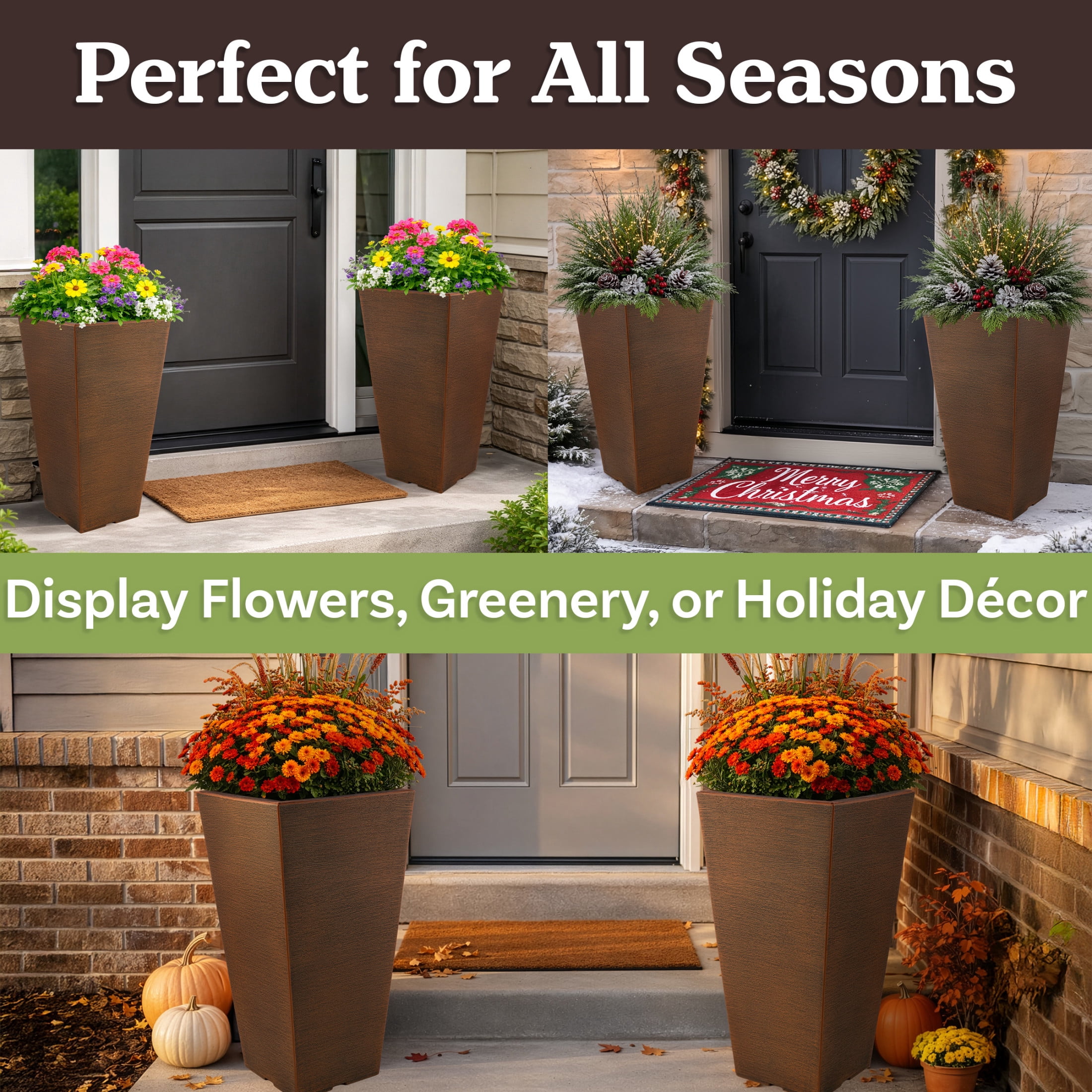Pure Garden Large Outdoor Planters 2-Pack - 22.4” Tall Planters for Outdoor Plants or Indoors, Bronze