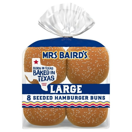 Mrs Baird's Large Seeded Bread, 8 count, White Hamburger Buns, 18.25 oz Bag