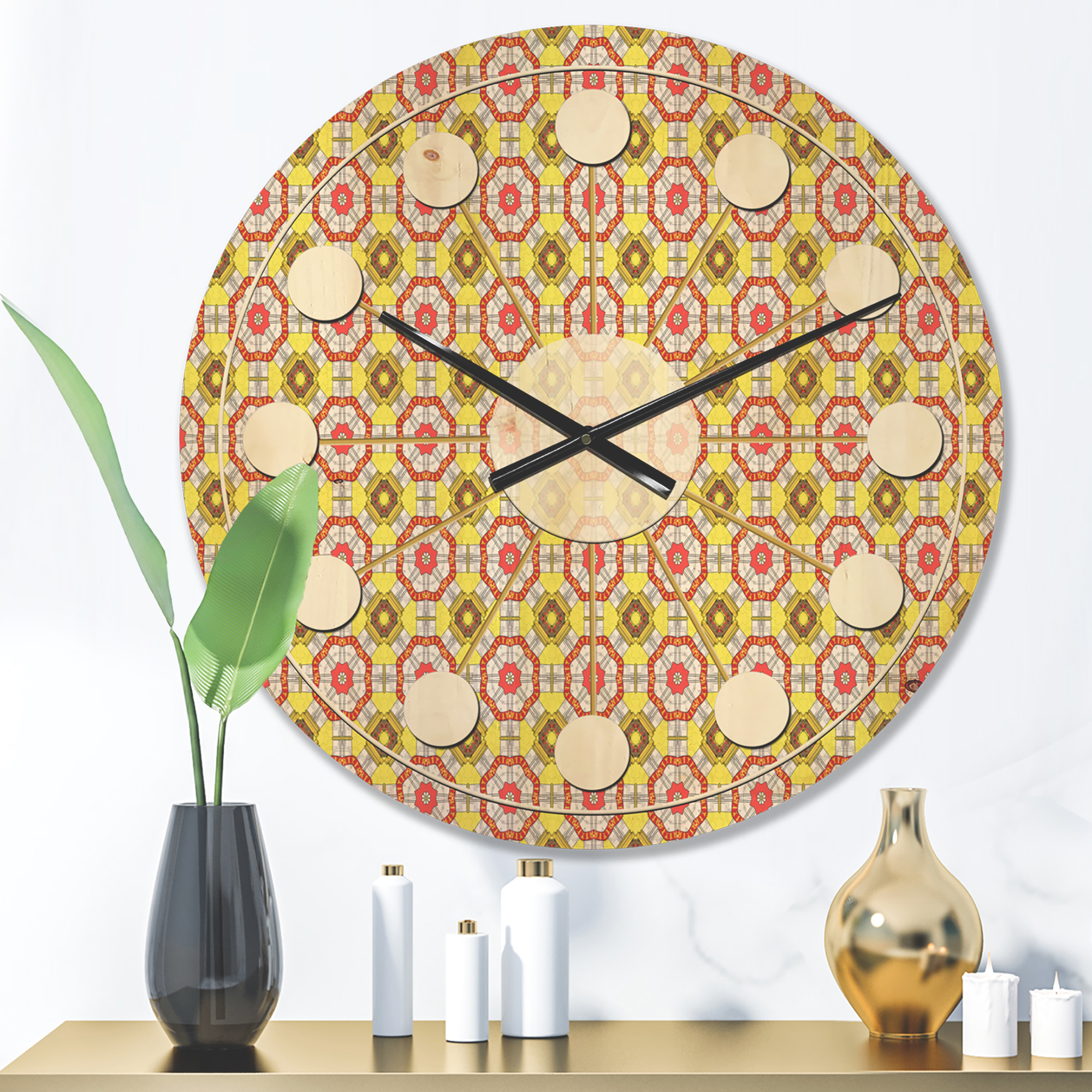 Designart 'Red and Yellow Retro Ethnic Kaleidoscope Design' Mid-Century Modern Wood Wall Clock