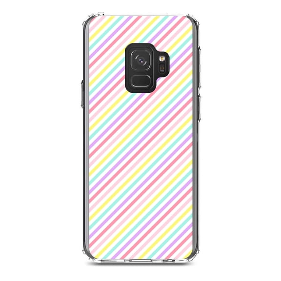 DistinctInk Clear Shockproof Hybrid Case for Samsung Galaxy S9 (5.8" Screen) - TPU Bumper, Acrylic Back, Tempered Glass Screen Protector - Rainbow Diagonal Stripes Pattern