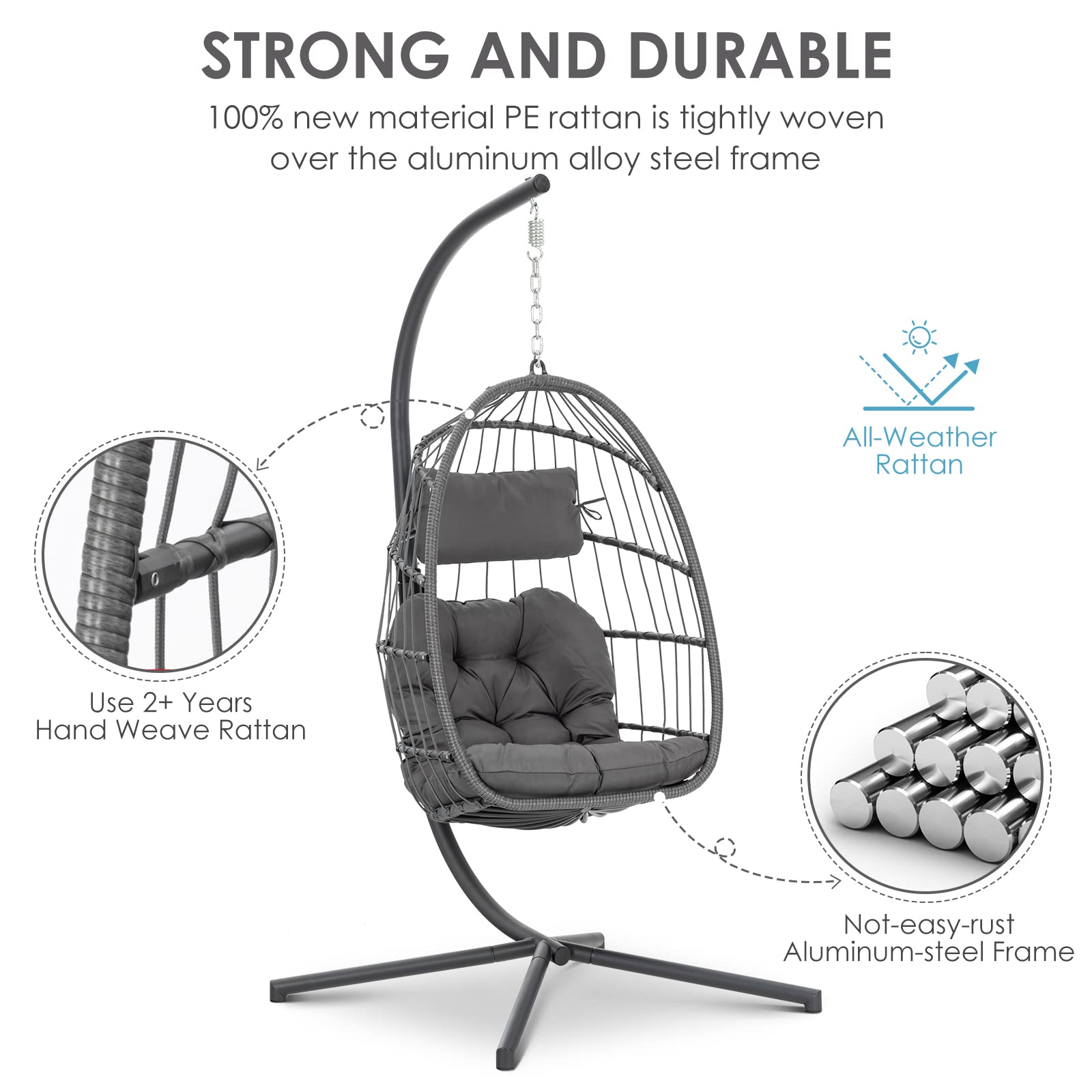 Hanging Egg Chair with Steel Stand and Fluffy Cushion, Lounge Wicker Iron Swing Chairs for Indoor Outdoor Patio Garden - image 3 of 8