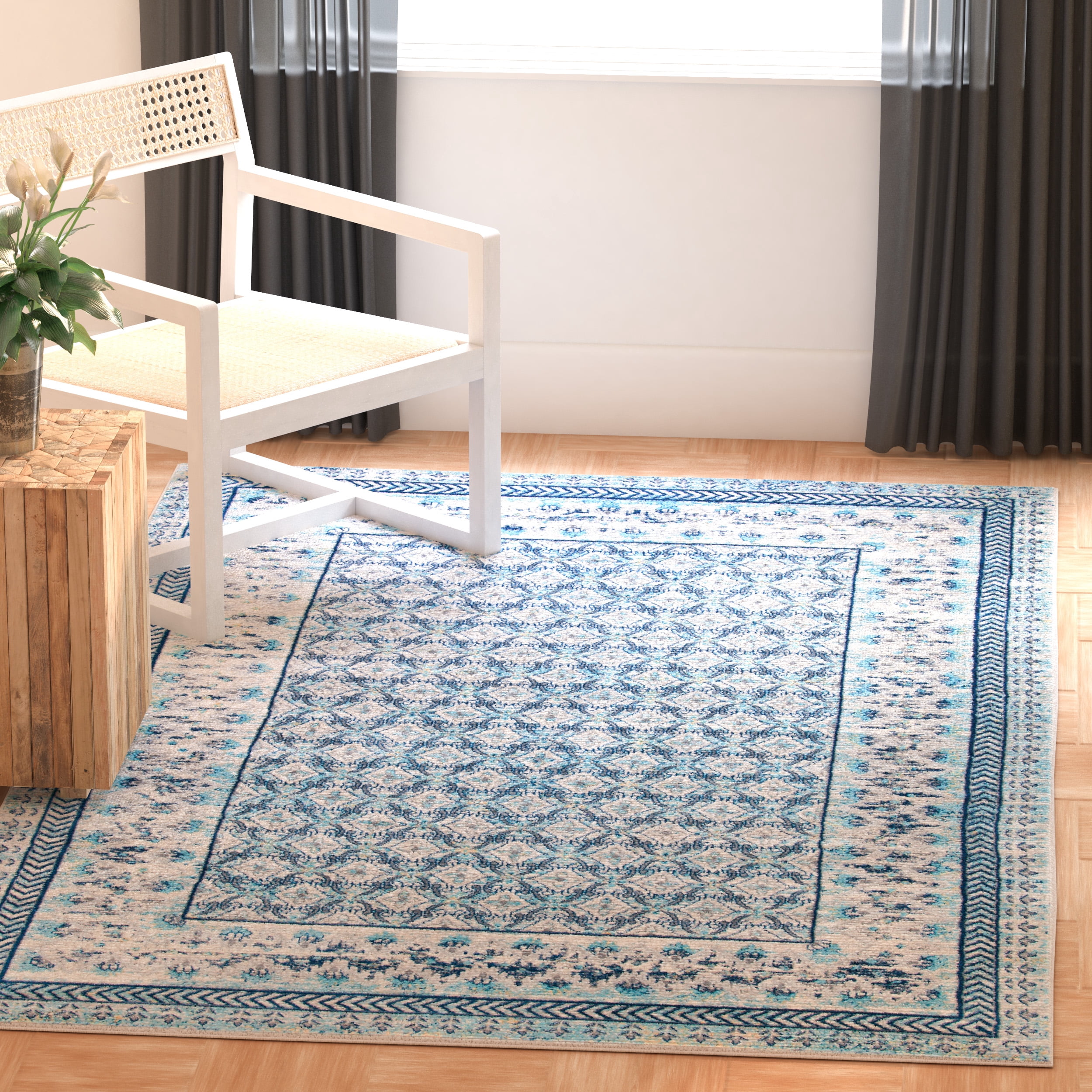 SAFAVIEH Brentwood Dory Geometric Area Rug, Ivory/Aqua, 6'7" x 6'7" Square