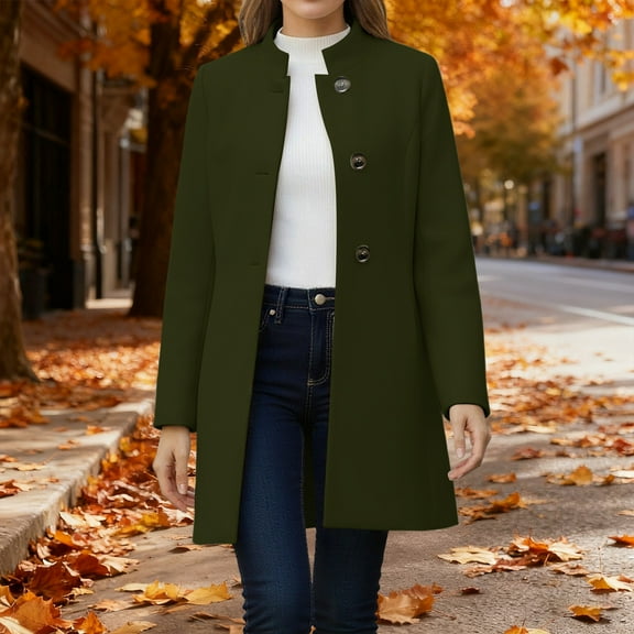 ClodeEU Women's Collarless Single Breasted Mid Long Pea Coats ,Long Sleeve Wool Blend Loose Coat Army Green,Womens Plus S