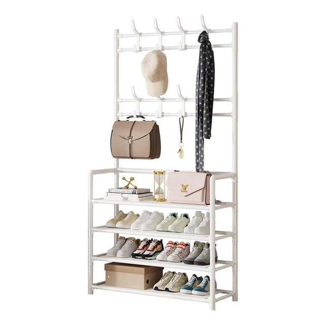 Simple Metal Coat Rack,Hallway Shoe Rack Coat Rack Wall Hanging Clothes Floor Hanger Storage Wardrobe Multifunctional Combination Shoe And Hat Rack 60CM-Back-4L