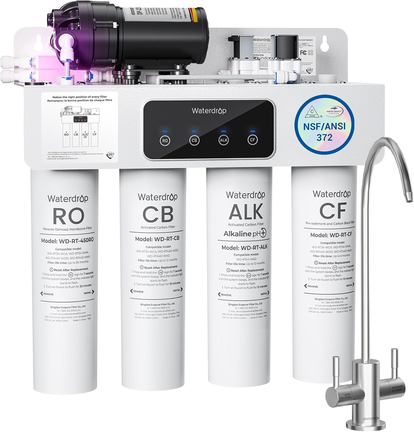 Waterdrop WD-T4-A Alkaline pH+ Reverse Osmosis Water Filter, 10-Stage, 450GPD Tankless Undersink RO Filtration System, 2:1 Pure to Drain, [Dual Flow] ,with extra filter