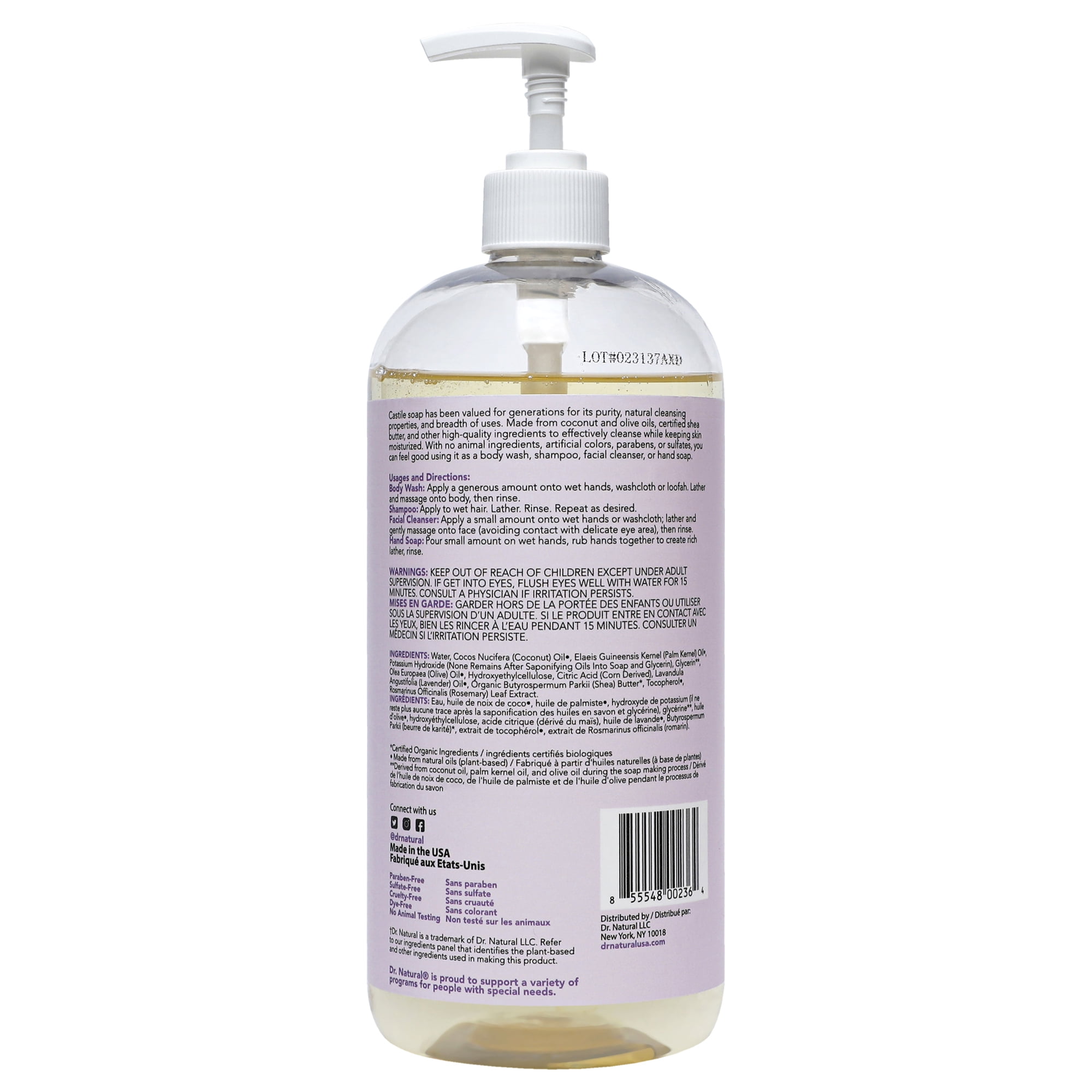 Dr. Natural Castile Liquid Soap, Bathroom Soap, Lavender, 32 oz, 2 pk