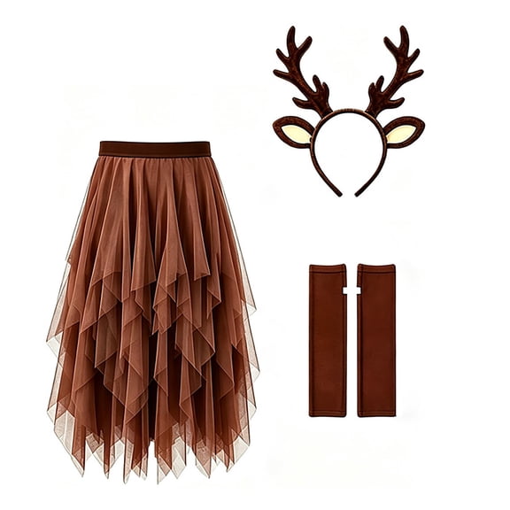 Gyujnb Womens Reindeer Cosplay Outfit Irregular Layered Tulle Skirt Set with Antler Headband Arm for Halloween Christmas Theme Party Role Play Fancy Dress,L