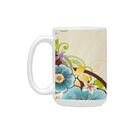 

Floral Striped Background with Flower Bouquets on Corners Spring Blossoms Artwork Print Multicolor Ceramic Mug (15 OZ) (Made In USA)
