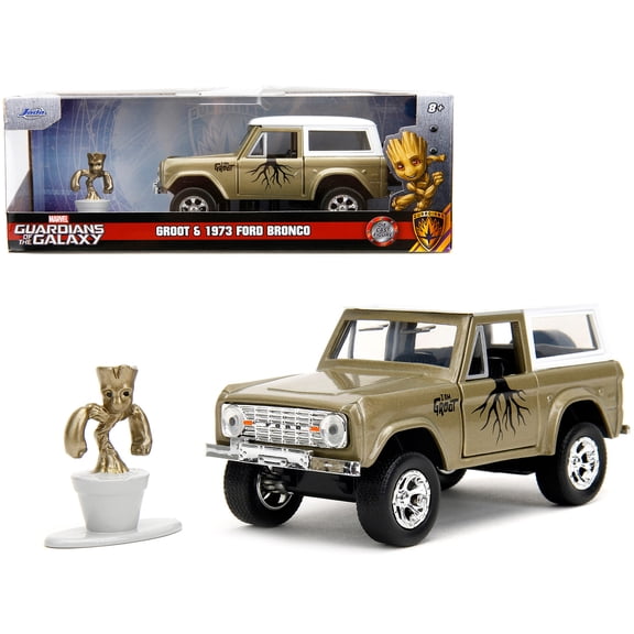 1973 Ford Bronco Gold Metallic with White Top and Groot Diecast Figure "Guardians of the Galaxy" "Marvel" Series 1/32 Diecast Model Car by Jada