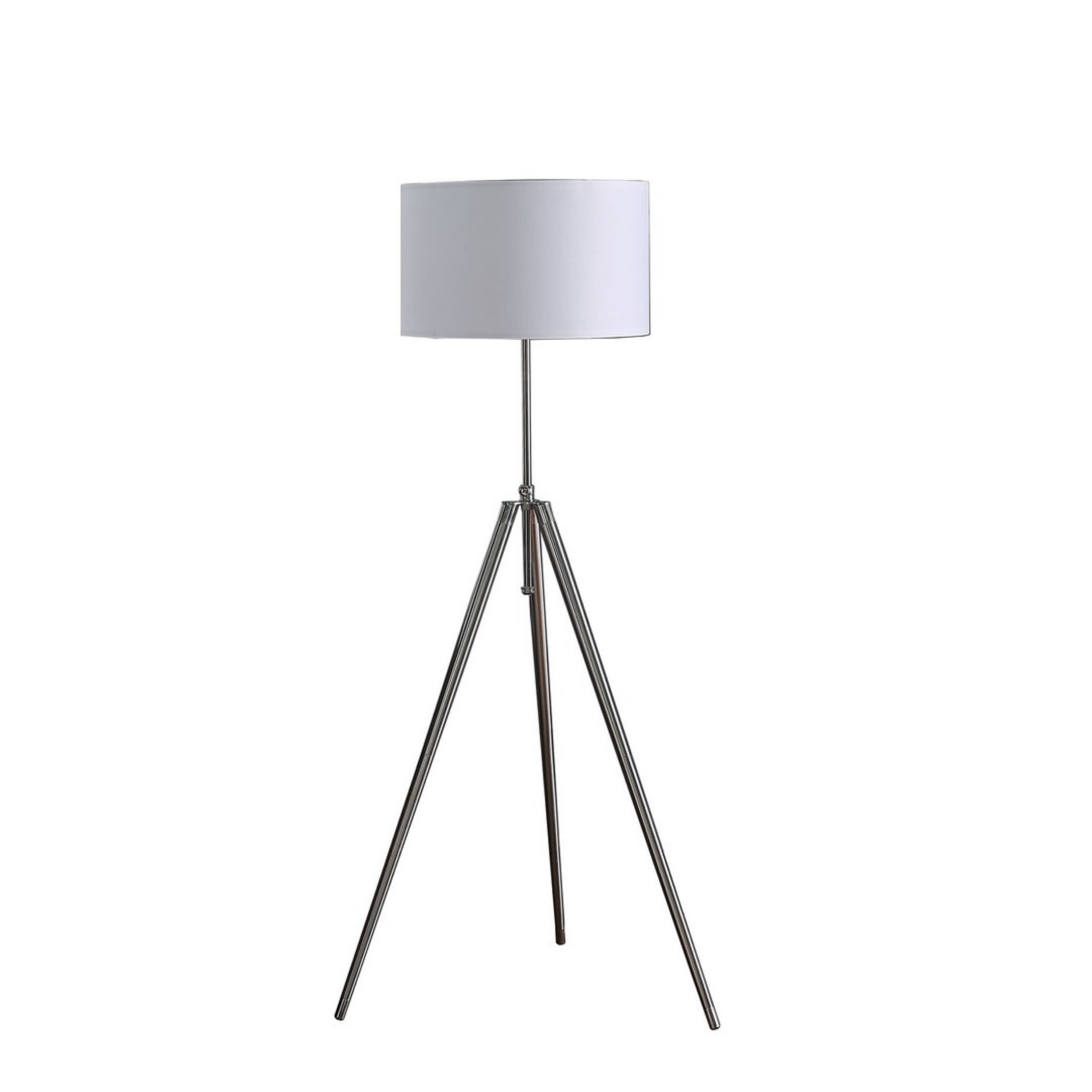 Noble House 64" Adjustable Tripod Floor Lamp, Mid-Century Brushed & Chrome with White Linen Shade, Silver
