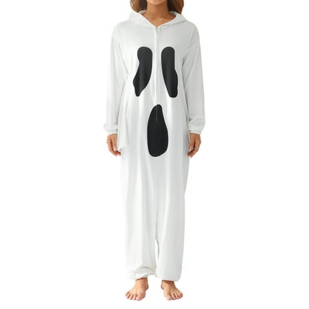 

Eyicmarn Halloween Couple Jumpsuit Pajamas Print Long Sleeve Zip Hooded Romper Sleepwear