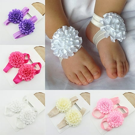 

SPRING PARK 2Pcs Baby Infant Toddler Girl Ribbon Flowers Barefoot Sandals Sock Toe Shoes