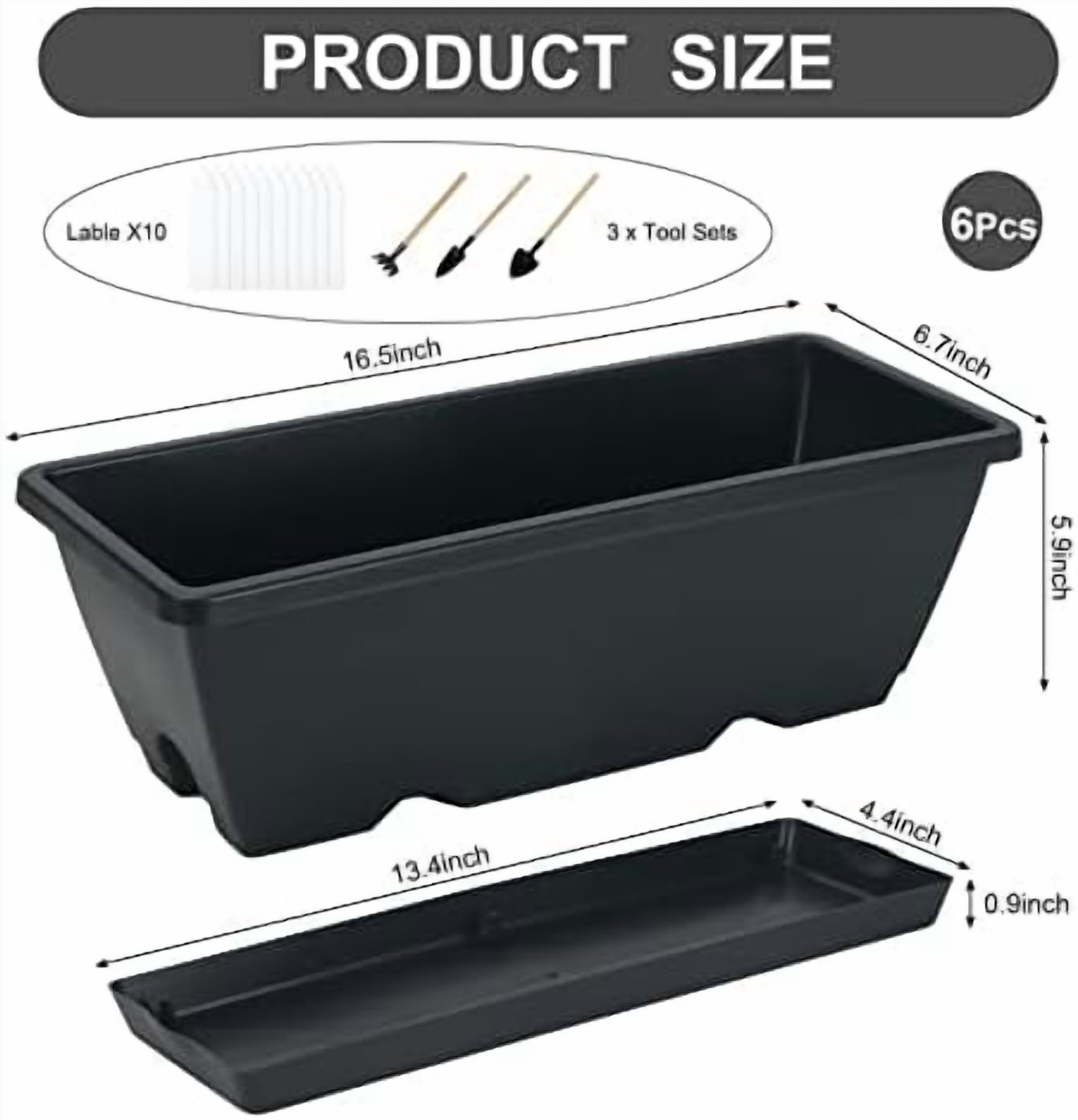 RibRave Window Box Planter, 6 Pack 17inch Plastic Vegetable Flower Planter Boxes with Tray, Indoor Outdoor Flower Pots for Windowsill, Patio, Porch, Garden Balcony, Dark Gray