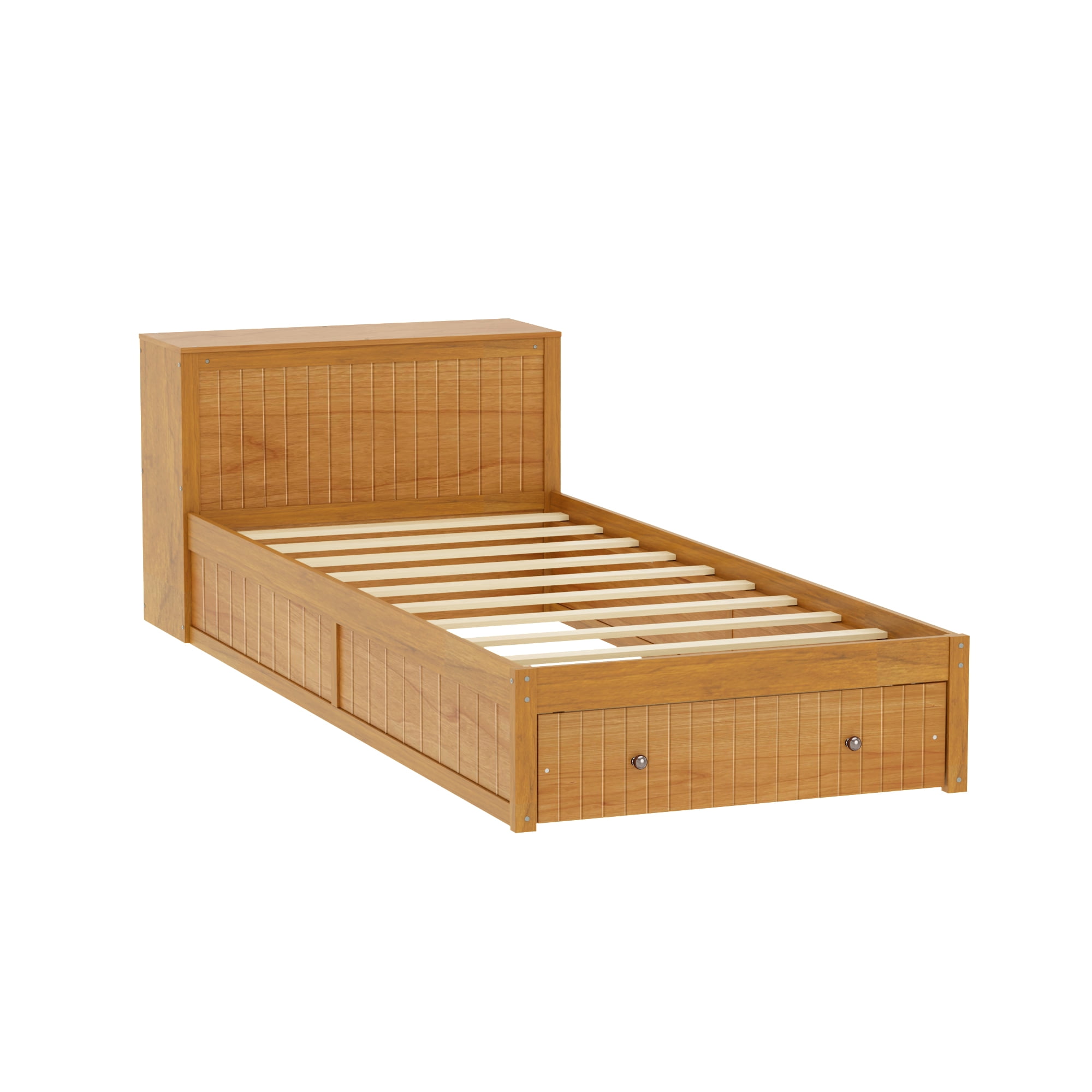 Mintazer Twin Size Platform Bed with Desk & Chair, Multifunctional Platform Bed with Storage Drawer & Side Open Shelves for Kids Teen Bedroom Apartmen, Walnut