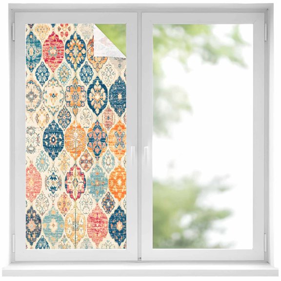 Boho Morocco Window Privacy Film, Retro Farmhouse Ethnic Neutral Aesthetic Static Cling UV Sun Blocking Heat Control Window Tint, Non-Adhesive One Way Windows Privacy Cover 19.6''x39.3''