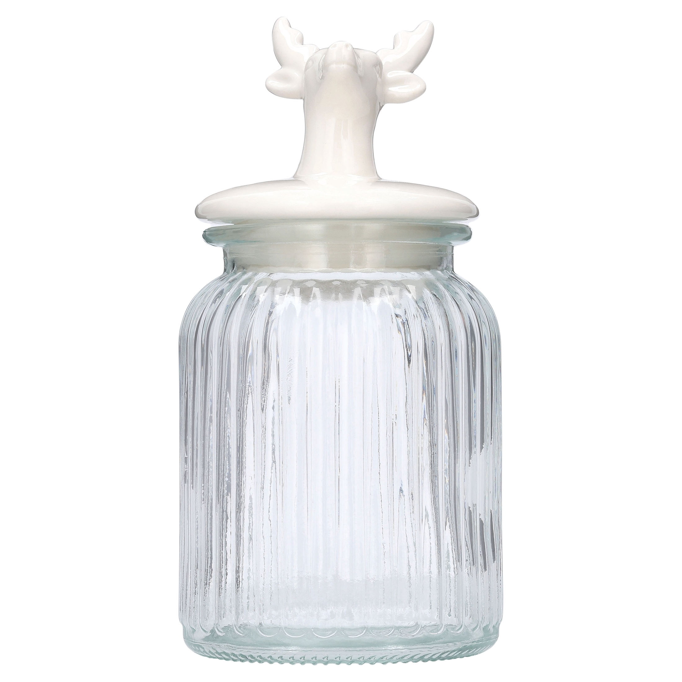 Glass Jar with Ceramic Deer Head Lid Christmas Decoration, Clear and White, 8.8", by Holiday Time