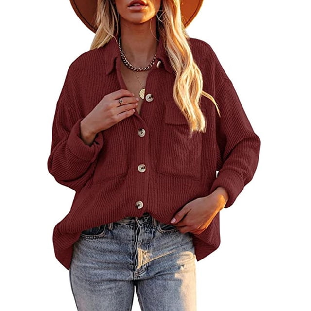 PVCS Women's Pockets Buttons Long Sleeve Tops Outwear Solid Color Turn-down Collar Jacket Coat