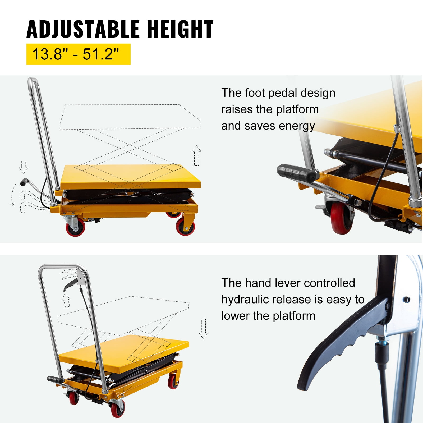 VEVOR Hydraulic Lift Table Cart, 330lbs Capacity 50 Lifting Height, Manual  Double Scissor Lift Table with 4 Wheels and Non-slip Pad, Hydraulic Scissor  Cart for Material Handling and Transportation