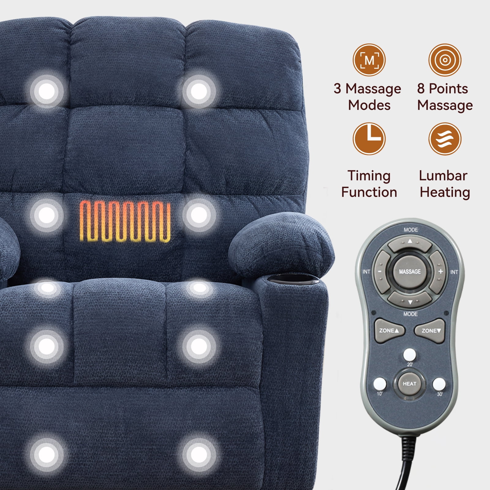 Swivel Rocker Recliner Chair with Heat and Massage, Power Reclining Fabric Lounge Chair for Living Room, 360° Swivel, Pillow Top Arm, Blue