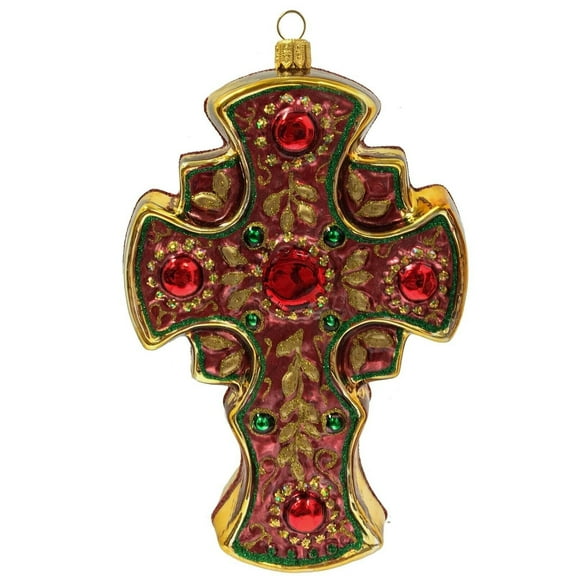 Red Green and Gold Cross Polish Glass Christmas Tree Ornament Decoration