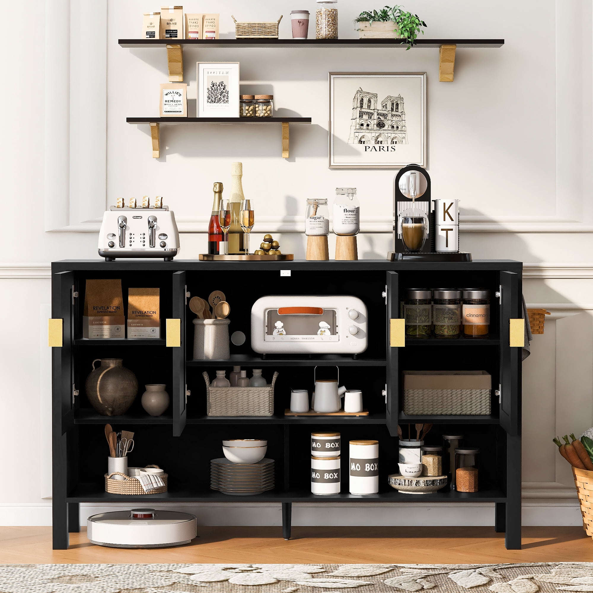 55.1" Storage Sideboard with 4-Doors, Buffet with Open Shelf and 2-Tiers Adjustable Shelves, Modern Cabinet with Double Hooks,Suitable for Living Room, Hallway, Dining, Office