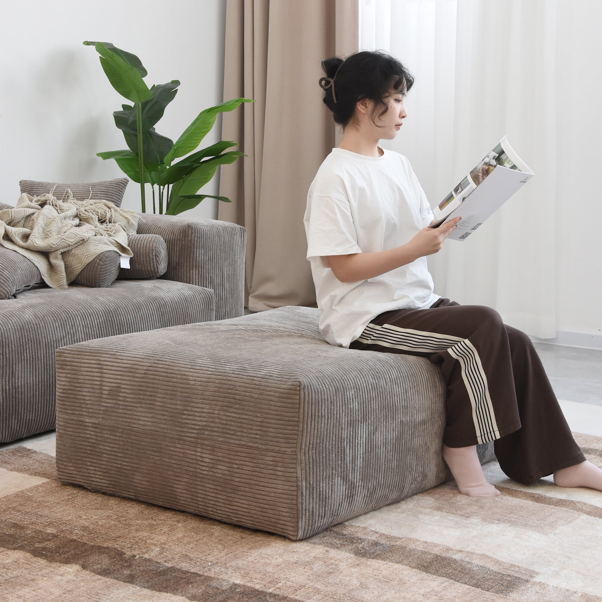 Magic Home Convertible Sectional Sofa Modular Couch, L-Shaped Sofa Modern Corduroy Sofa Ottoman for Living Room, Apartment and Small Space, Brown