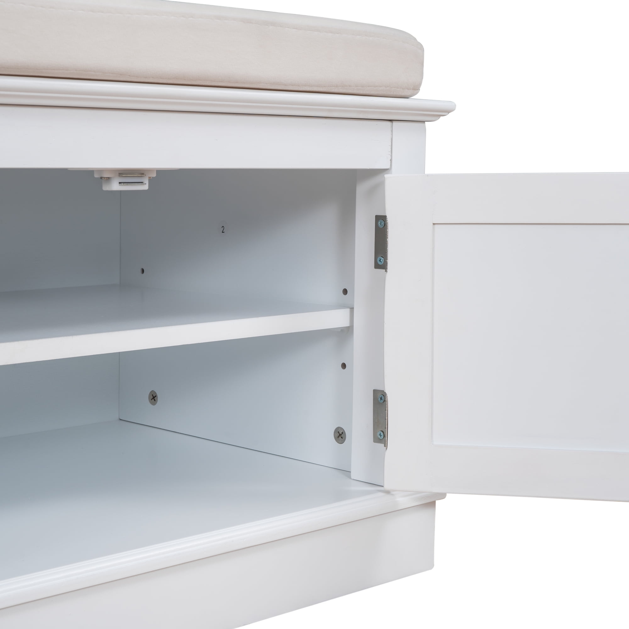 Euroco 42.7" Shoe Bench with 4 Doors, Wood Storage Shoe Rack with Removable Cushion and Adjustable Shelves for Living Room,Entryway,White