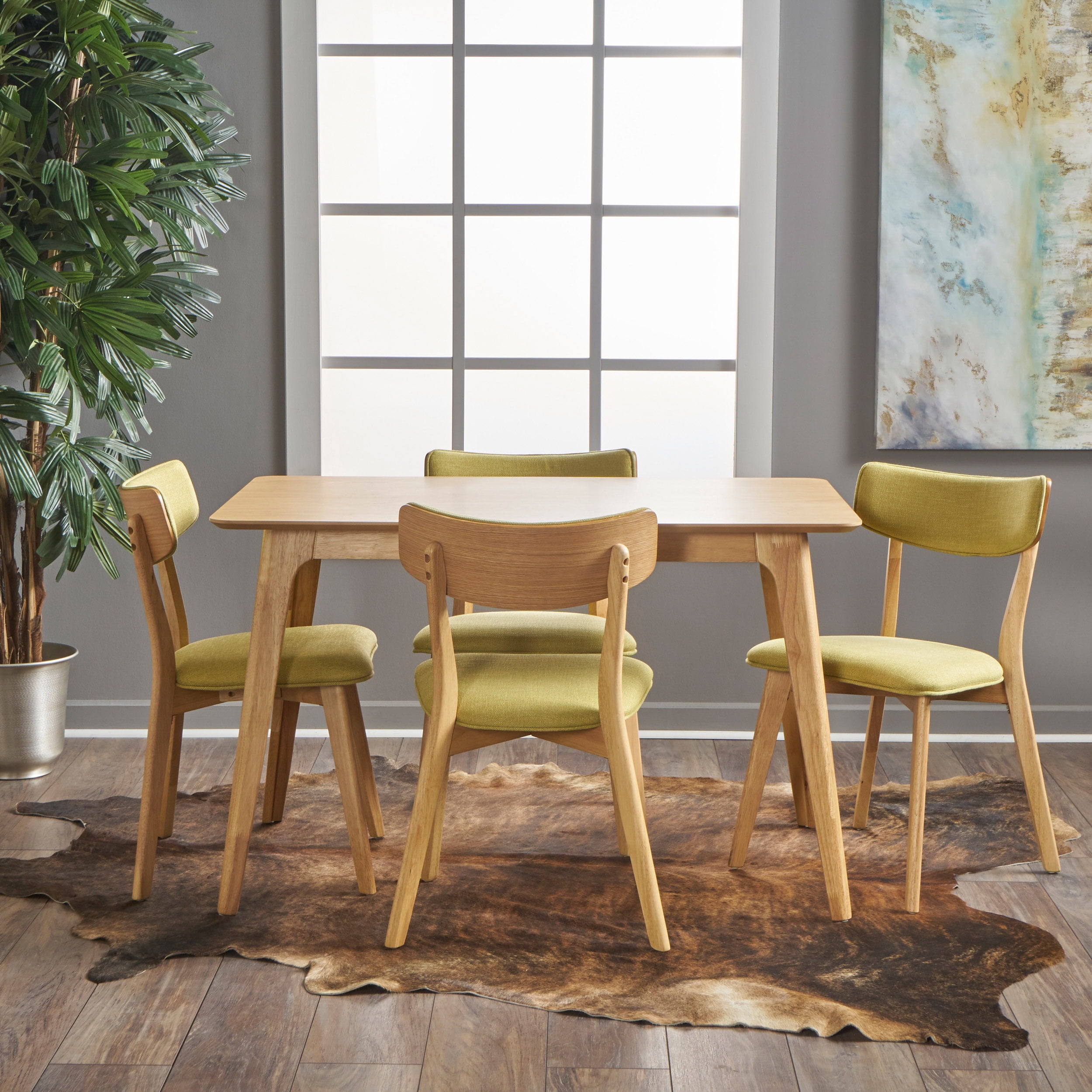 Noble House Alexa Mid Century Natural Oak Wood Green Tea 5 Piece Dining Set