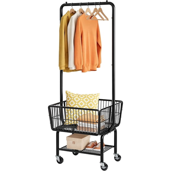Rolling Laundry Cart with Hanging Rack & Laundry Basket, Black