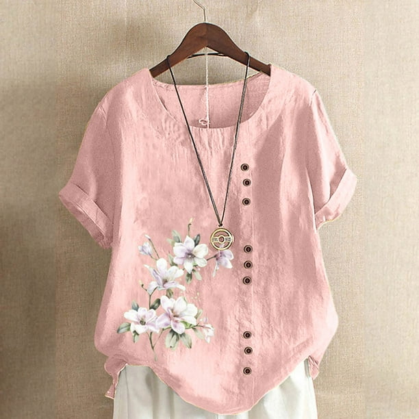 Fiudx Camisas de Mujer Camisa Holgada Informal de Verano con Cuello Redondo y Manga Corta con Estampado de Flores para Mujer